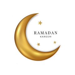 Ramadan Kareem. Vector gold 3d moon and stars isolated on white background.