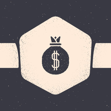 Grunge Money bag icon isolated on grey background. Dollar or USD symbol. Cash Banking currency sign. Monochrome vintage drawing. Vector Illustration