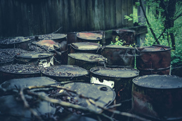 Barrels of chemicals in forest in the Chernobyl exclusion zone. Pripyat