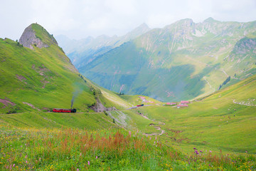 cogwheel trains climbing up at to Brienzer Rothorn mountain, through the green valley