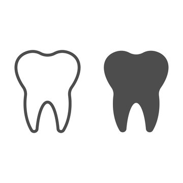 Clean single tooth with root line and solid icon. Teeth care symbol, outline style pictogram on white background. Dentistry sign for mobile concept and web design. Vector graphics.
