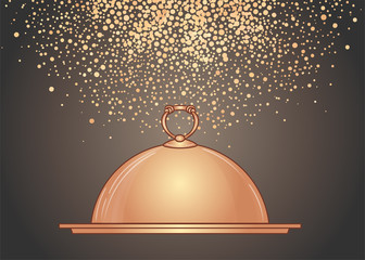 Obraz premium Hand-drawn golden tray for hot dishes. Illustration for design menu restaurant or cafe. Vector art.