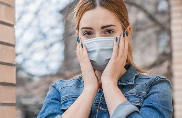 Virus concept. Girl in mask, risk for health, pneumonia, epidemic