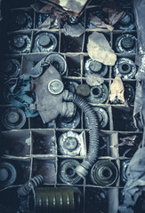 Box with Gas masks in school of Chernobyl Exclusion Zone, Ukraine