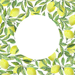 lemons with branches frame on white background. Watercolor illustration. Design for card, scrapbooking, invitations, congratulations, photo. High quality 300 dpi.