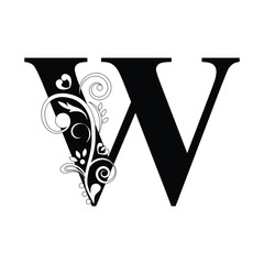 letter W. Black flower alphabet.  Beautiful capital letters