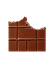 Bitten milk chocolate bar isolated on white background