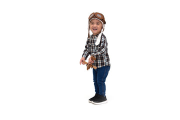 Happy kid Asian boy playing with toy airplane isolated over white background, Two year one month old
