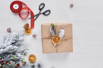 Beautiful gift boxes. Top view of christmas festive frame with new year decorations