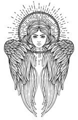 Sirin, Alkonost, Gamayun mythological creature of Russian legends. Angel girl with wings. Isolated hand drawn vector illustration. Trendy Vintage style element. Spirituality, occultism, alchemy, magic