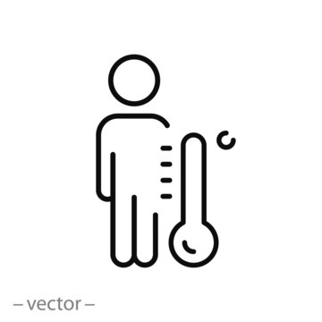 man with thermometer icon, body temperature measurement, thin line web symbol on white background - editable stroke vector illustration eps10