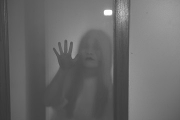 Fototapeta na wymiar The silhouette of a human in front of a door at night.Scary scene Halloween concept of blurred silhouette,Ghost movies poster