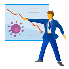 Businessman show descending curve and virus sign. Coronavirus concept - markets falling,