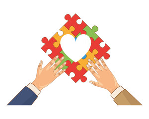 hands human with heart puzzle game pieces