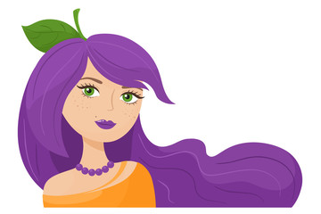 Girl plum with bright long hair. Vector portrait in cartoon style. White background.