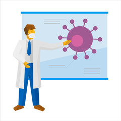 Scientist or doctor show banner with virus. Coronavirus concept - medic in work. Presentation of Covid-19 cure or vaccine. Isolated on white background.