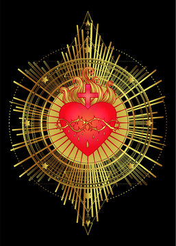 Sacred Heart of Jesus with rays. Vector illustration in red and gold isolated. Trendy Vintage style element. Spirituality, religion, Catholicism, Christianity, occultism, alchemy, magic, love.