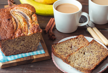healthy banana bread with mashed ripe bananas, vegetable oil and yogurt