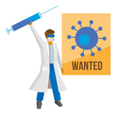 Cartoon doctor or scientist with big syrenge show Wanted poster with Covid-19 virus on it. Coronavirus concept.