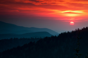 Sunset over the Smoky Mountains viewed from Clingman's Dome in Great Smoky Mountains National Park.