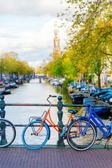Fototapeta na wymiar bicycles on a bridge in Amsterdam, Netherlands