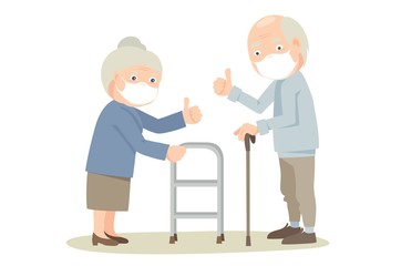 Obraz premium Grandmother and Grandfather in protective masks / Elderly men and women protected against viruses, vector illustration.