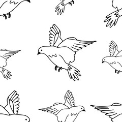 Hand-drawn black vector seamless pattern illustration of group of pigeons are flying on a white background