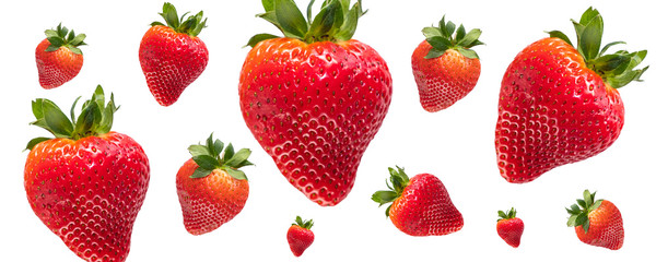 Banner. Ripe, group large strawberries, on a white background. Items in levitation. Isolated item.