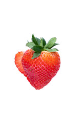 Ripe large strawberry, with a partial slice, on a white background. Isolated item. Grown in Fnlandland