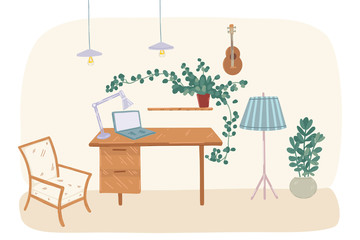Cozy home office interior in scandinavian style. Vector illustration