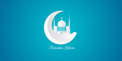 Ramadan kareem blue white background. Paper cut vector illustration with mosque, cloud, star, crescent and moon, place for text greeting card and banner