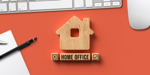 house symbol and wooden blocks with text HOME OFFICE on orange background