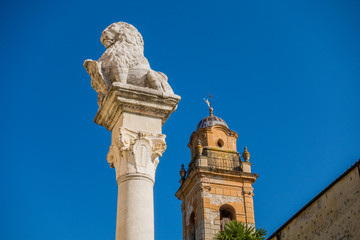 Pietrasanta, View of the main square and Cathedral, the church of San Martino, in Versilia, province of Lucca, Tuscany, Italy. Famous also for craft workshops and numerous art galleries