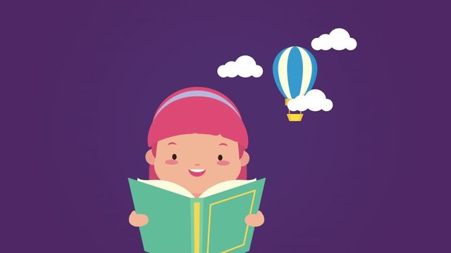 world book day celebration with little girl reading and balloon air hot - Powered by Adobe