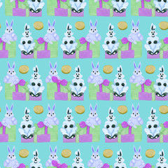 easter bunnies with colorful gift boxes, seamless pattern