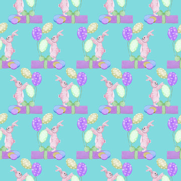 cute pink easter bunny with balloons and gift, seamless pattern