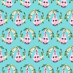 white rose boho frame and easter bunny, seamless pattern