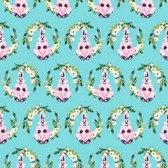 Naklejka premium white rose boho frame and easter bunny, seamless pattern