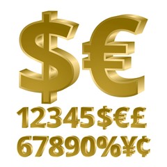 Three-dimensional golden figures currency. 3d font. Vector illustration.