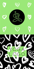 Vector yoga emblem for yoga school banner, healthy lifestyle symbol on herb pattern background. Spa centre or yoga school logo or studio. Hand-drawn Yogi icon. Yogin class. Indian philosophy symbol.