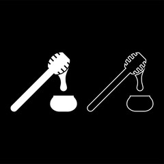 Honey drips from honey spoon into pot Stick with wooden and jar liquid nectar icon outline set white color vector illustration flat style image