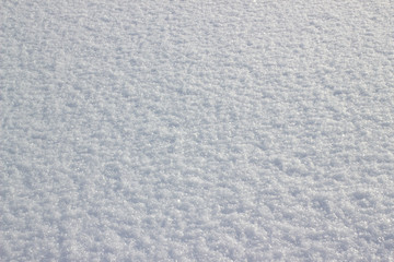 Background of fresh snow. White snow texture on a sunny winter day. Soft focus