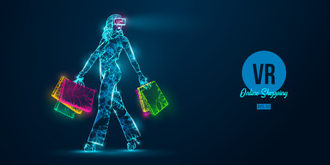 VR online shopping. Polygonal woman, girl wearing virtual reality glasses. Beautiful happy woman is walking with a shopping bags, buy a goods in one click. VR headset holographic wireframe vector