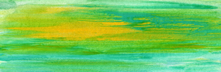 Abstract acrylic and watercolor smear blot painting. Green Color horizontal texture background.