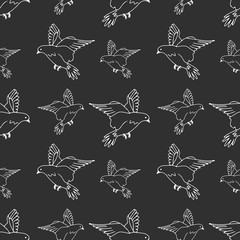 Hand-drawn white vector seamless pattern illustration of group of pigeons are flying on a dark background
