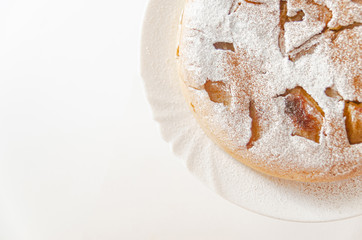 Homemade tender charlotte (apple pie) sprinkled with powdered sugar on a wooden stand.