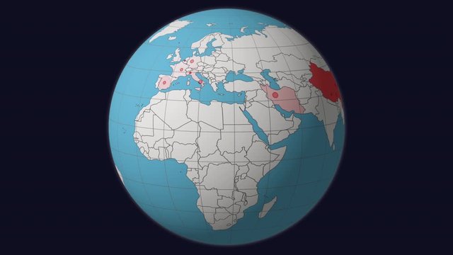 Map of Coronavirus spreading from China to America, based on real data of  the expansion of the desease, with red dots that represent the infected cities.