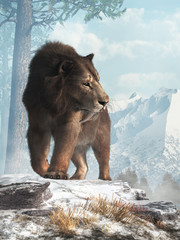 A saber tooth cat stands on a snowy hill and glances into the valley below.  Smilodon populator, the largest cat ever, lived during the Pleistocene era in South America. 3D Rendering 	