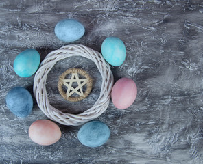 Wiccan ritual for Ostara. Colored eggs and pentacle