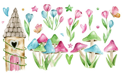 Hand drawn watercolor fairytale magic forest princess magic forest castle with heart shaped window and pink door, mushrooms and flowers. Pink, blue, green colors, cartoon character